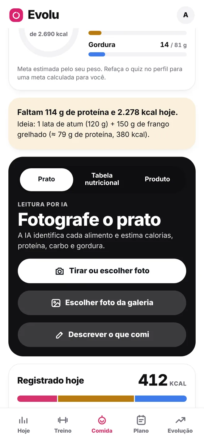 Tela Sua comida do Evolu com as opções Prato, Tabela nutricional e Produto