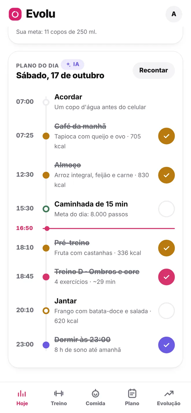 Plano do Dia no Evolu com horários de refeições, treino e sono