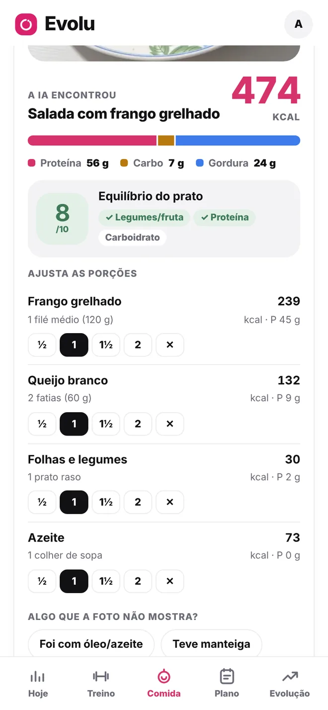 Resultado da leitura do prato no Evolu com porções ajustáveis