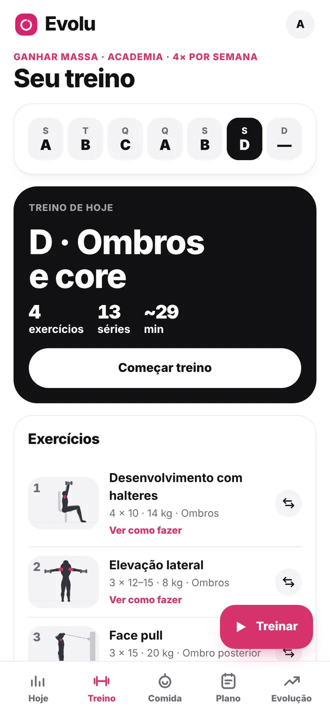 Treino do dia no Evolu com a lista de exercícios